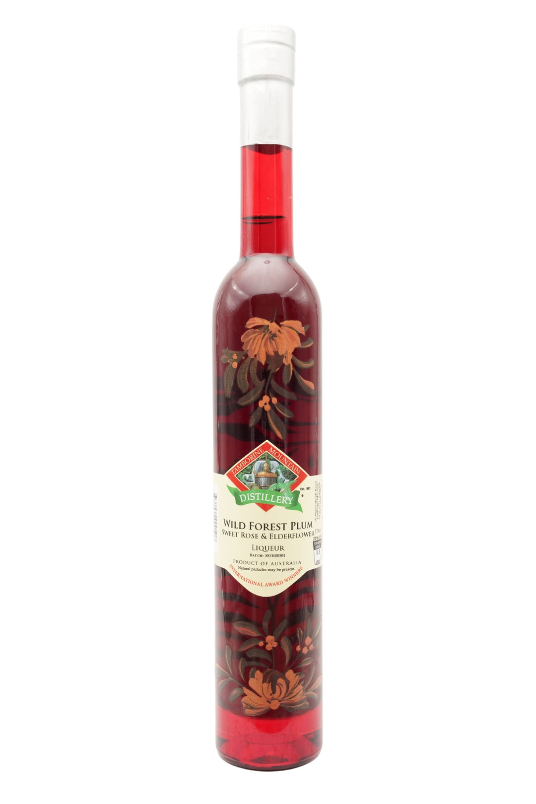 375ml handcrafted bottle of Tamborine Mountain Distillery’s Wild Forest Plum & Elderflower Liqueur, featuring botanical artwork, coloured glass, and small artisan label