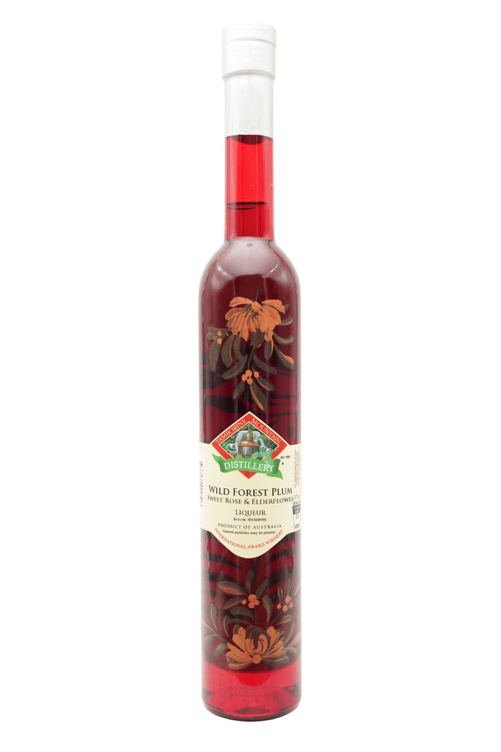 375ml handcrafted bottle of Tamborine Mountain Distillery’s Wild Forest Plum & Elderflower Liqueur, featuring botanical artwork, coloured glass, and small artisan label