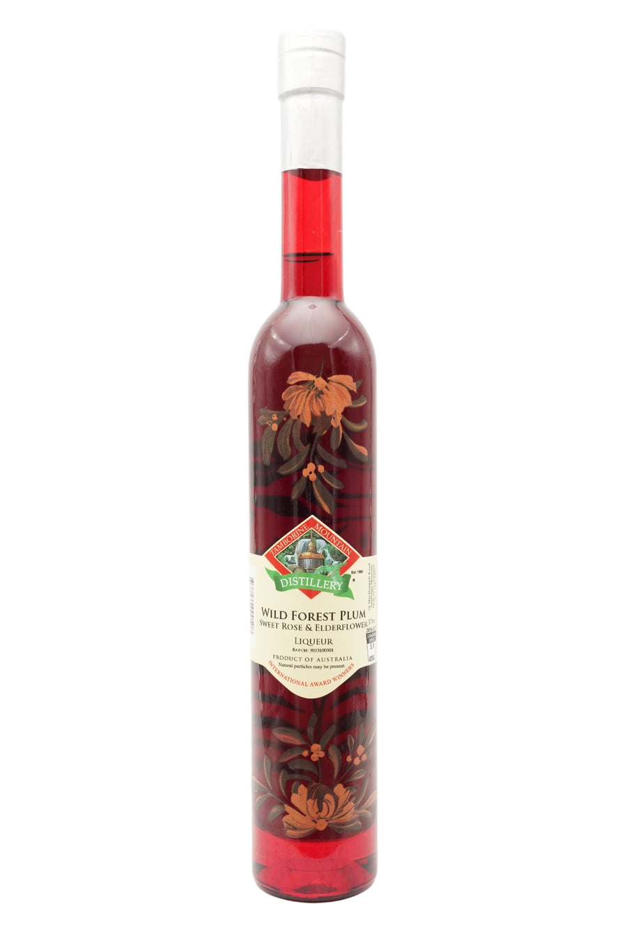 375ml handcrafted bottle of Tamborine Mountain Distillery’s Wild Forest Plum & Elderflower Liqueur, featuring botanical artwork, coloured glass, and small artisan label