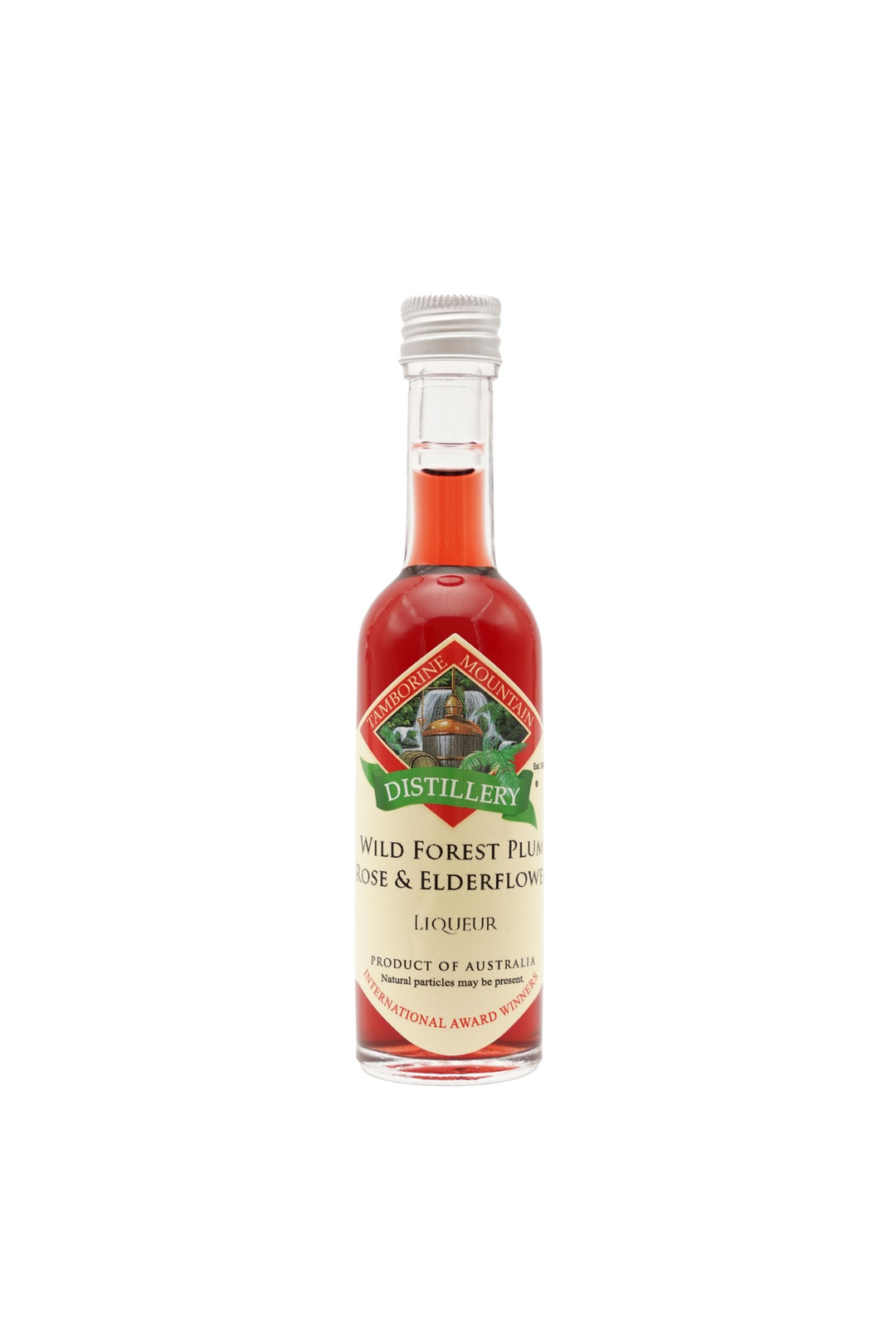 55ml handcrafted bottle of Tamborine Mountain Distillery’s Wild Forest Plum with Rose & Elderflower Liqueur, in clear glass with small artisan label