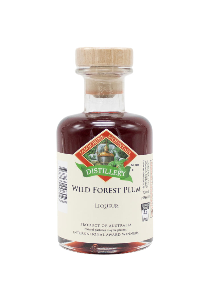 200ml handcrafted bottle of Tamborine Mountain Distillery’s Wild Forest Plum Liqueur, in clear glass with small artisan label