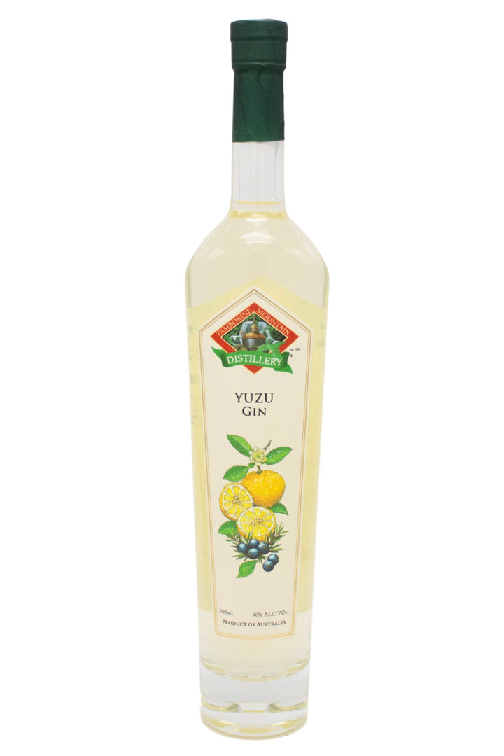 500ml clear glass bottle of Tamborine Mountain Distillery Yuzu Gin, featuring a watercolour-style illustrated label reflecting its flavour profile.