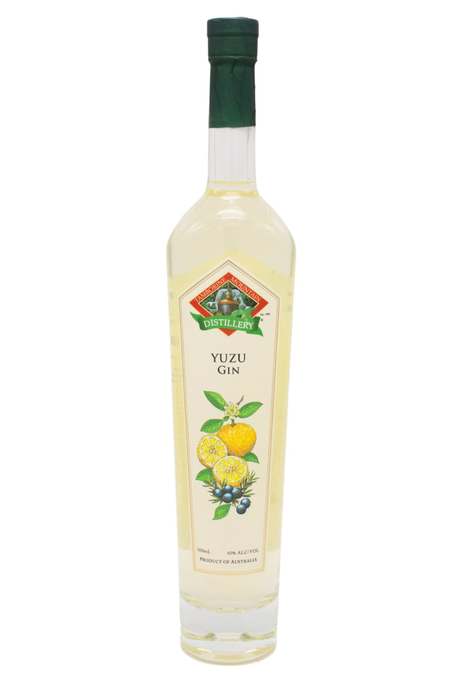 500ml clear glass bottle of Tamborine Mountain Distillery Yuzu Gin, featuring a watercolour-style illustrated label reflecting its flavour profile.