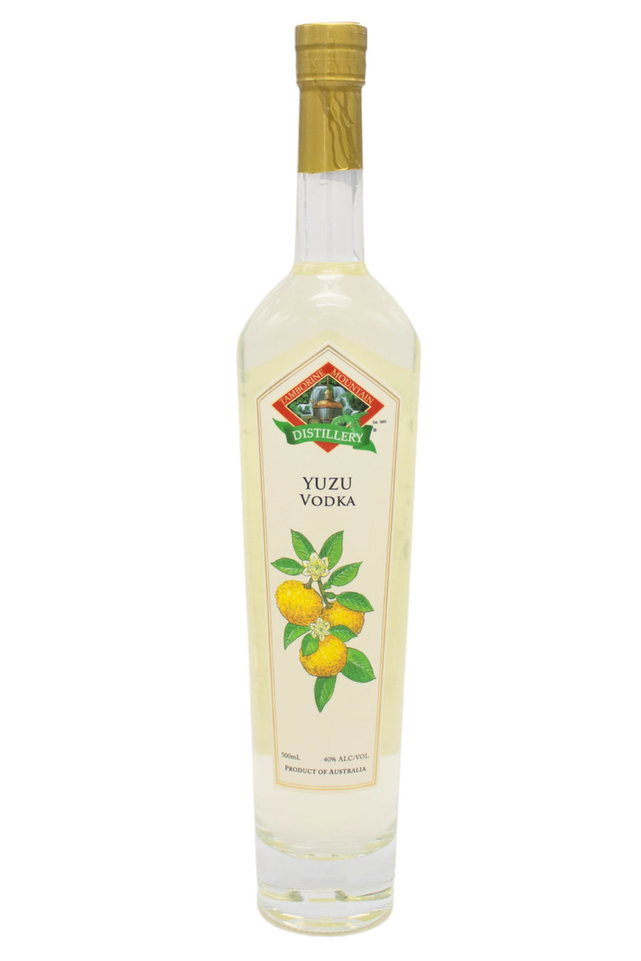 500ml clear glass bottle of Tamborine Mountain DistilleryYuzu Vodka, featuring a watercolour-style illustrated label reflecting its flavour profile.