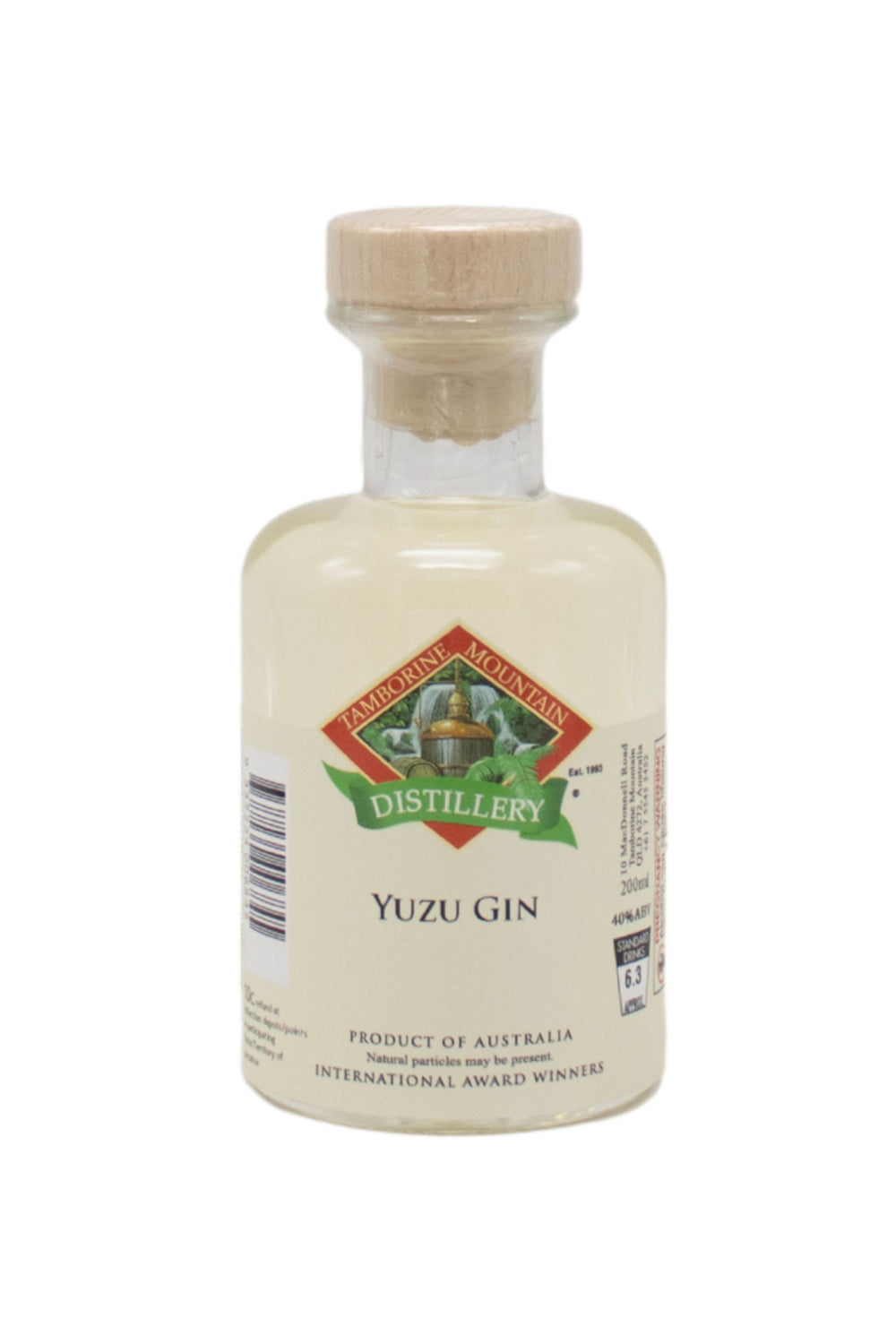 200ml handcrafted bottle of Tamborine Mountain Distillery’s Yuzu Gin, in clear glass with small artisan label