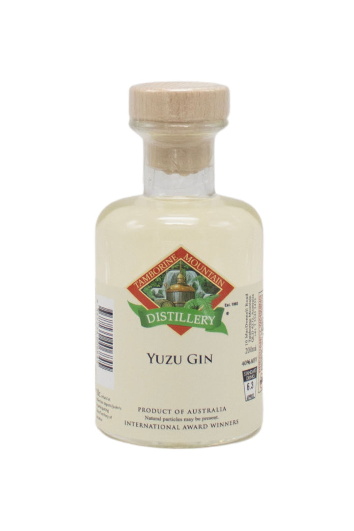 200ml handcrafted bottle of Tamborine Mountain Distillery’s Yuzu Gin, in clear glass with small artisan label
