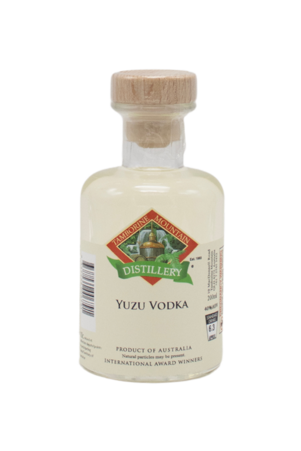 200ml handcrafted bottle of Tamborine Mountain Distillery’s Yuzu Vodka, in clear glass with small artisan label