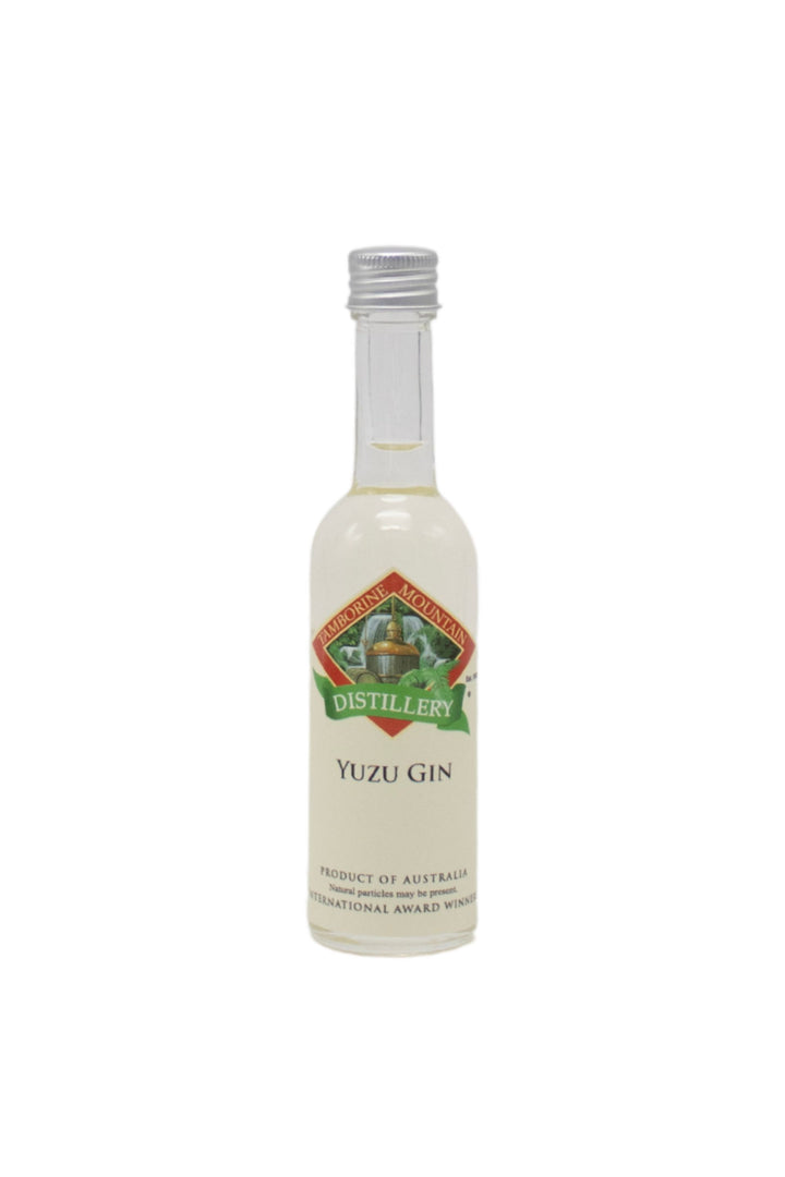 55ml handcrafted bottle of Tamborine Mountain Distillery’s Yuzu Gin, in clear glass with small artisan label