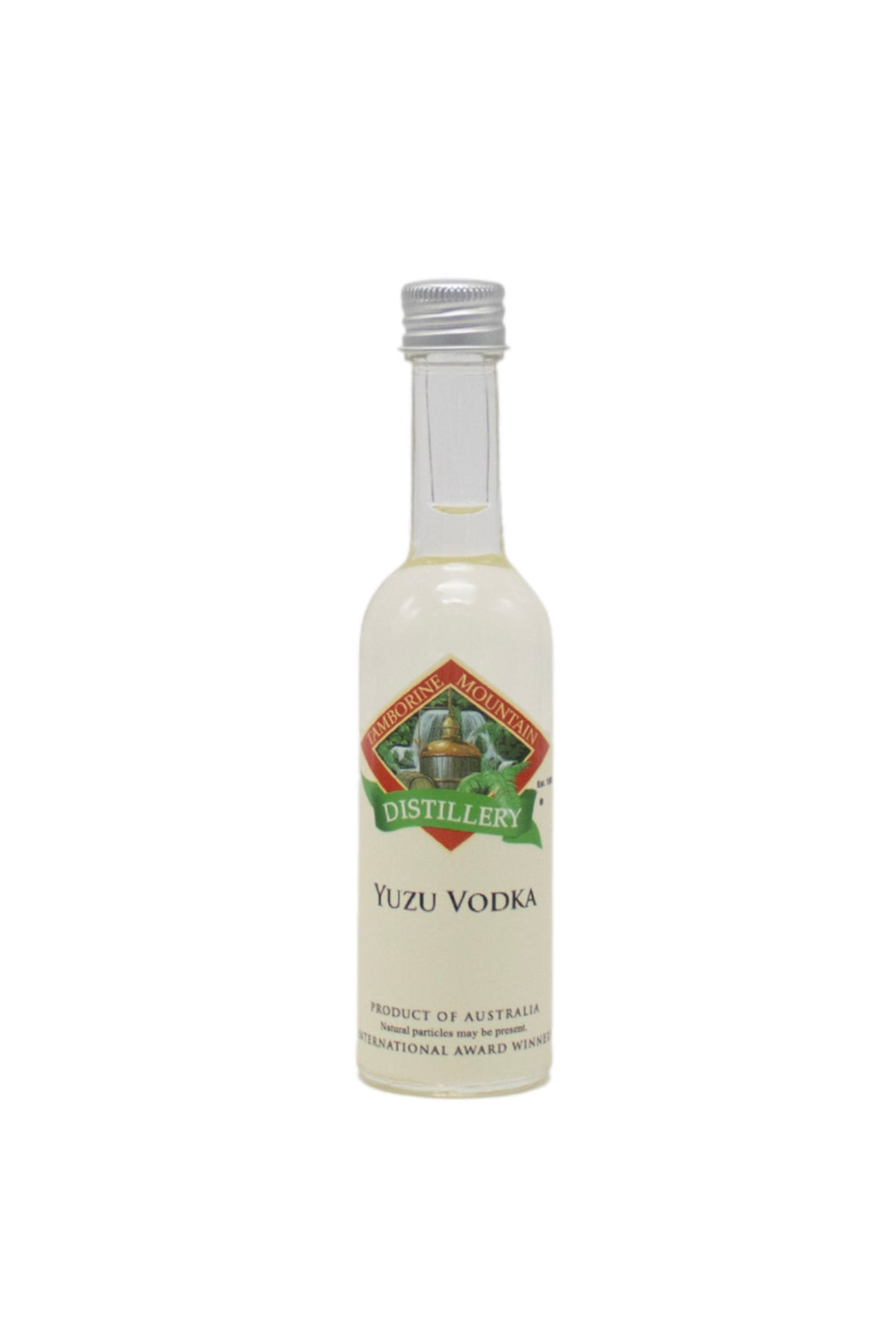 55ml handcrafted bottle of Tamborine Mountain Distillery’s Yuzu Vodka, in clear glass with small artisan label