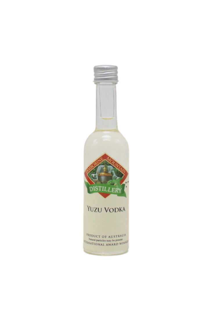 55ml handcrafted bottle of Tamborine Mountain Distillery’s Yuzu Vodka, in clear glass with small artisan label