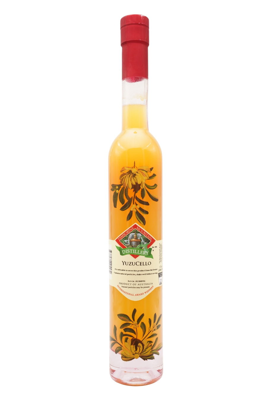 375ml handcrafted bottle of Tamborine Mountain Distillery’s Yuzucello, featuring botanical artwork, coloured glass, and small artisan label