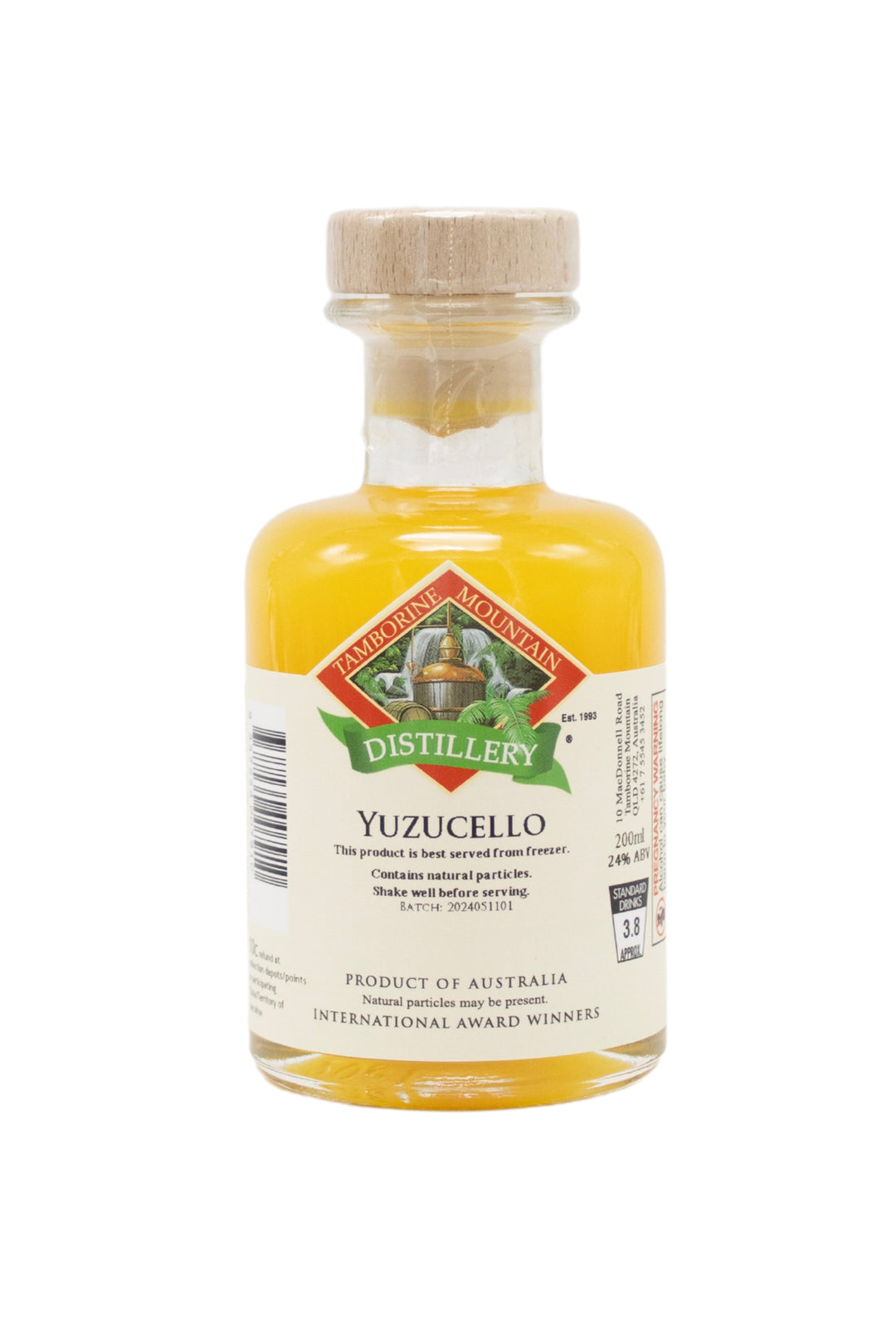 200ml handcrafted bottle of Tamborine Mountain Distillery’s Yuzucello, in clear glass with small artisan label