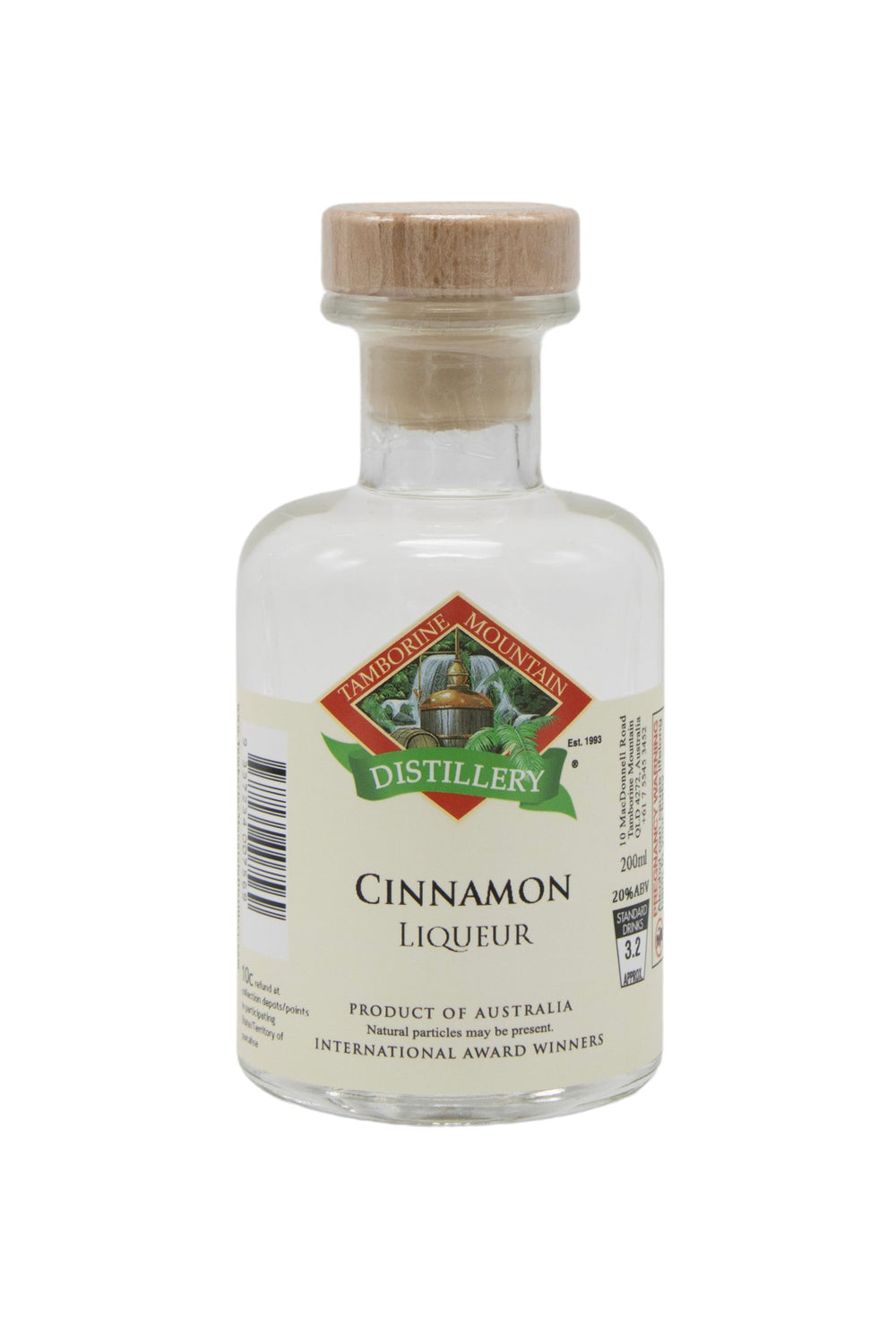 200ml handcrafted bottle of Tamborine Mountain Distillery’s Cinnamon Liqueur, in clear glass with small artisan label
