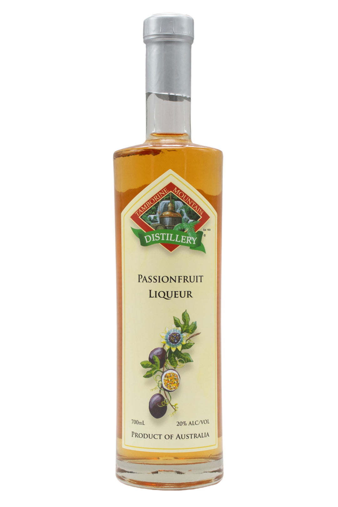 700ml clear glass bottle of Tamborine Mountain Distillery Passionfruit Liqueur, featuring a watercolour-style illustrated label reflecting its flavour profile.