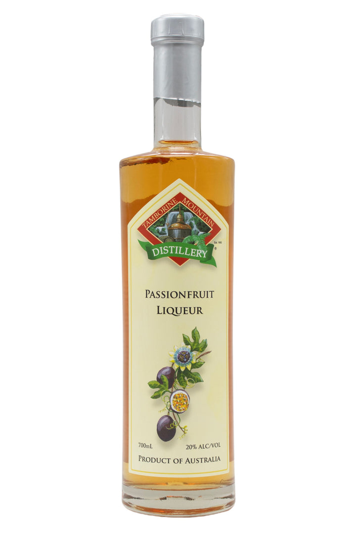 700ml clear glass bottle of Tamborine Mountain Distillery Passionfruit Liqueur, featuring a watercolour-style illustrated label reflecting its flavour profile.