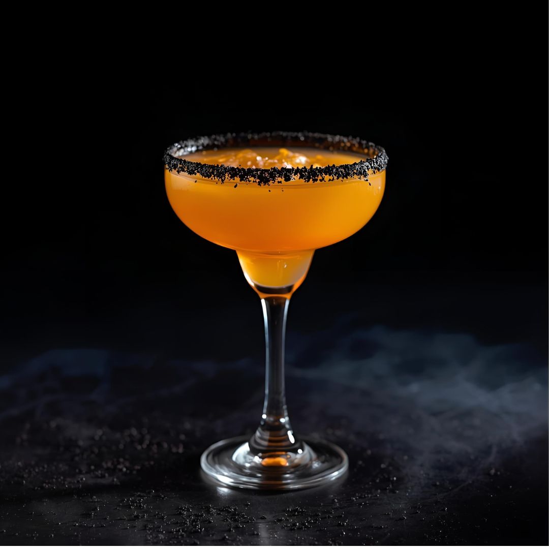 Halloween cocktail made with TMD Orange Agave and Cinnamon Liqueurs, served with a black salt rim and lime garnish.