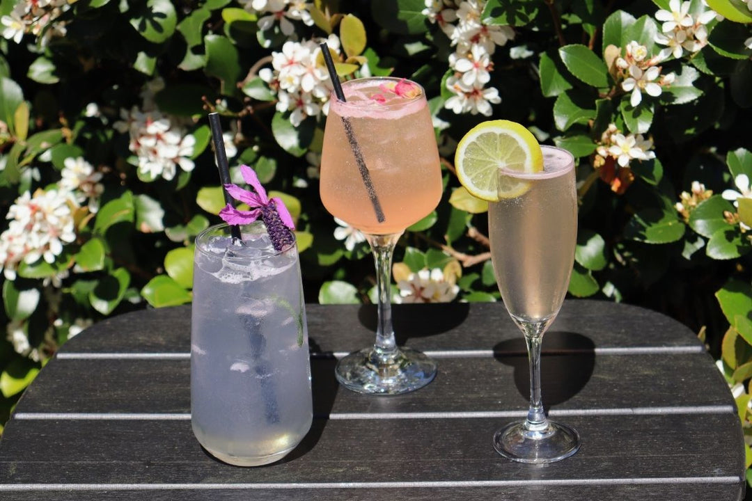 Spring Bloom, Violet 75 and Lavender Haze cocktails made with TMD floral liqueurs