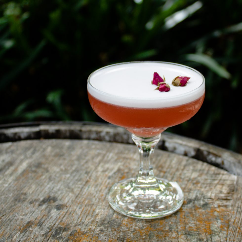 Plum Scrumptious cocktail in a coupe glass, made with TMD Davidson Plum Gin, Wild Forest Plum with Rose & Elderflower, lemon juice, sugar syrup, and aquafaba, garnished with edible flowers.