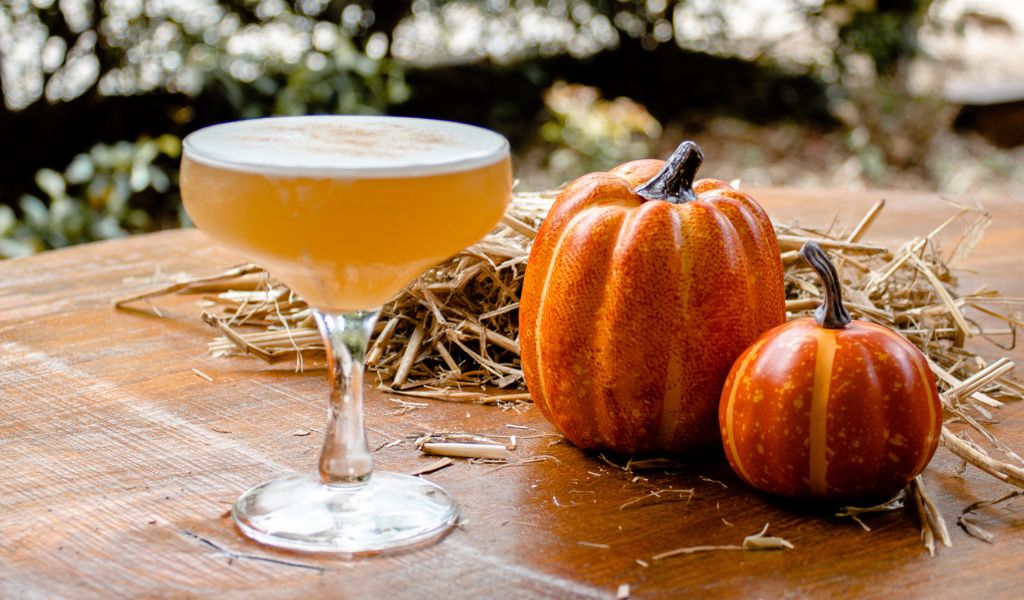 Vibrant orange Halloween cocktail garnished with pumpkin accents, served in a festive glass, representing Tamborine Mountain Distillery’s spooky seasonal drinks.