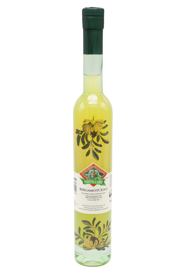 375ml handcrafted bottle of Tamborine Mountain Distillery’s Bergamotcello featuring botanical artwork, coloured glass, and small artisan label