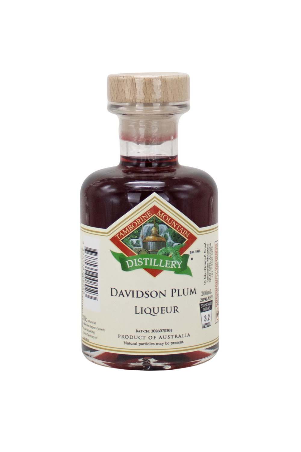 200ml handcrafted bottle of Tamborine Mountain Distillery’s Wild Forest Plum Liqueur, in clear glass with small artisan label