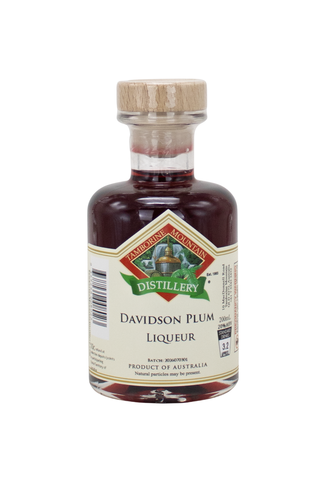 200ml handcrafted bottle of Tamborine Mountain Distillery’s Wild Forest Plum Liqueur, in clear glass with small artisan label