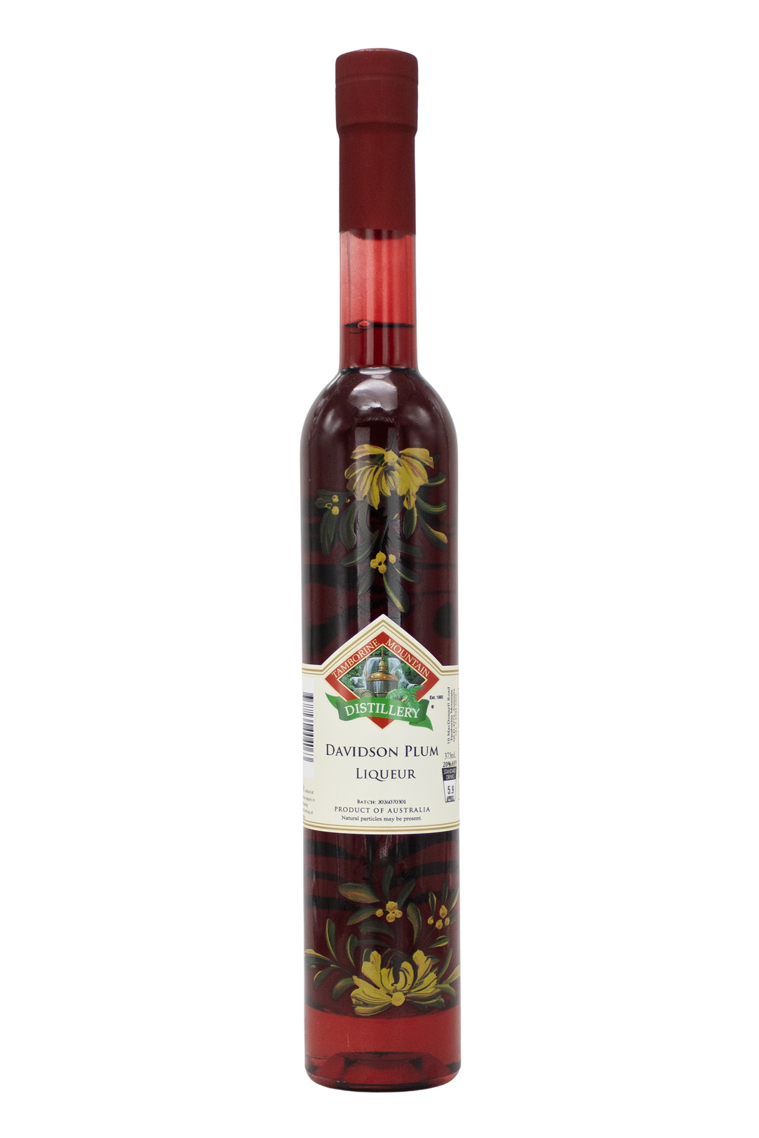 375ml handcrafted bottle of Tamborine Mountain Distillery’s Davidson Plum Liqueur, featuring botanical artwork, coloured glass, and small artisan label
