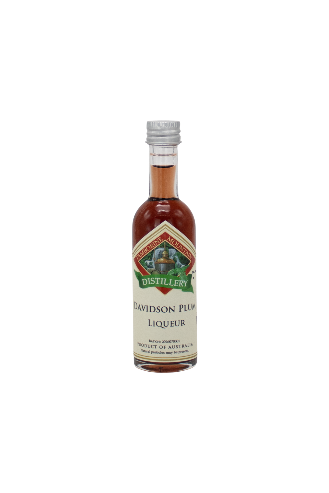 55ml handcrafted bottle of Tamborine Mountain Distillery’s Davidson Plum Liqueur, in clear glass with small artisan label