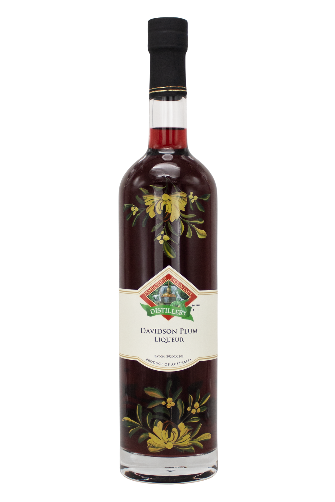 700ml handcrafted bottle of Tamborine Mountain Distillery’s Davidson Plum Liqueur, in clear glass with small artisan label