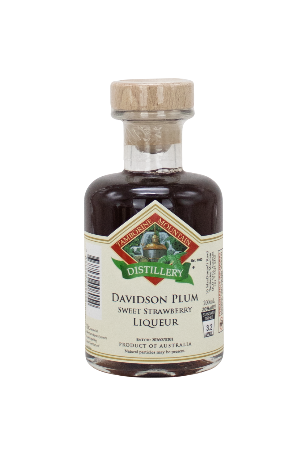 200ml handcrafted bottle of Tamborine Mountain Distillery’s Davidson Plum with Strawberry Liqueur, in clear glass with small artisan label
