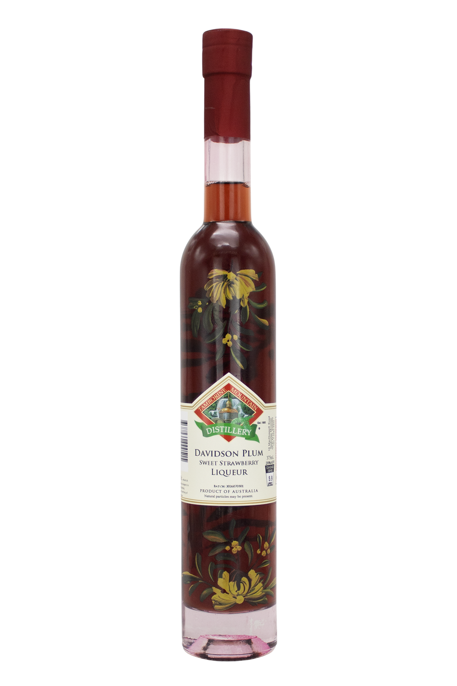 375ml handcrafted bottle of Tamborine Mountain Distillery’s Davidson Plum & Strawberry Liqueur, featuring botanical artwork, coloured glass, and small artisan label