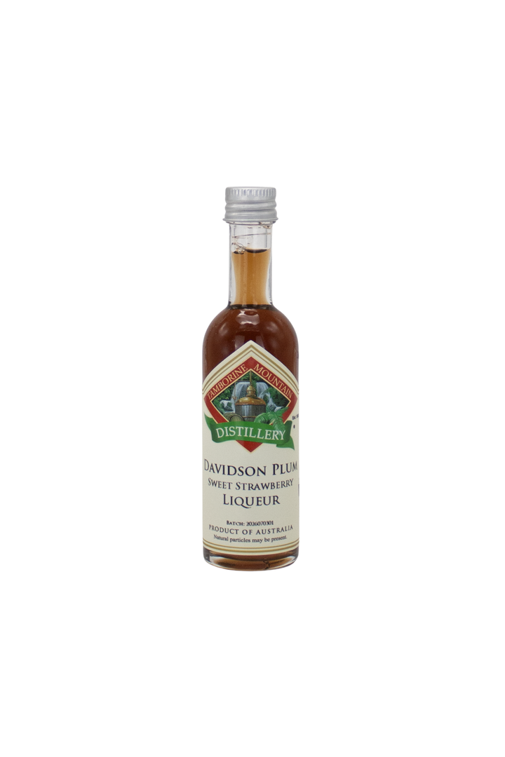 55ml handcrafted bottle of Tamborine Mountain Distillery’s Davidson Plum with Strawberry Liqueur, in clear glass with small artisan label