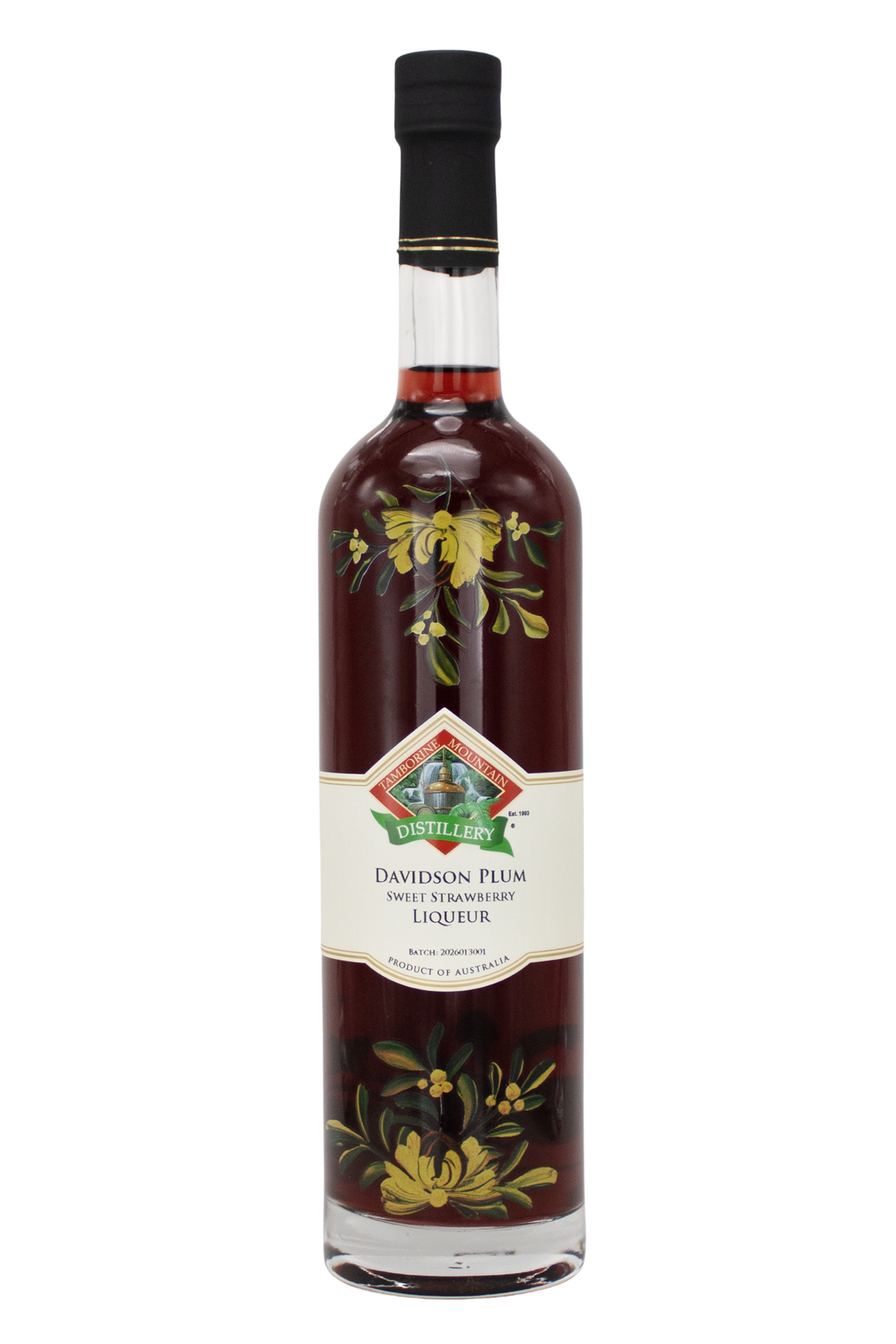 700ml handcrafted bottle of Tamborine Mountain Distillery’s Davidson Plum with Strawberry Liqueur, in clear glass with small artisan label