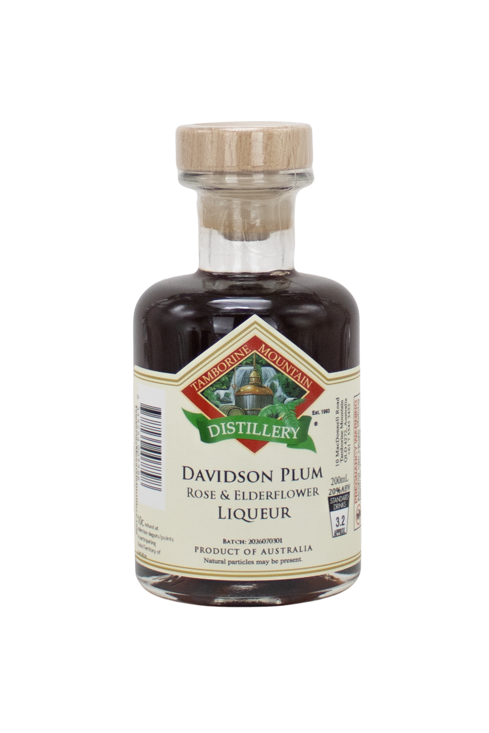 200ml handcrafted bottle of Tamborine Mountain Distillery’s Davidson Plum with Rose & Elderflower Liqueur, in clear glass with small artisan label