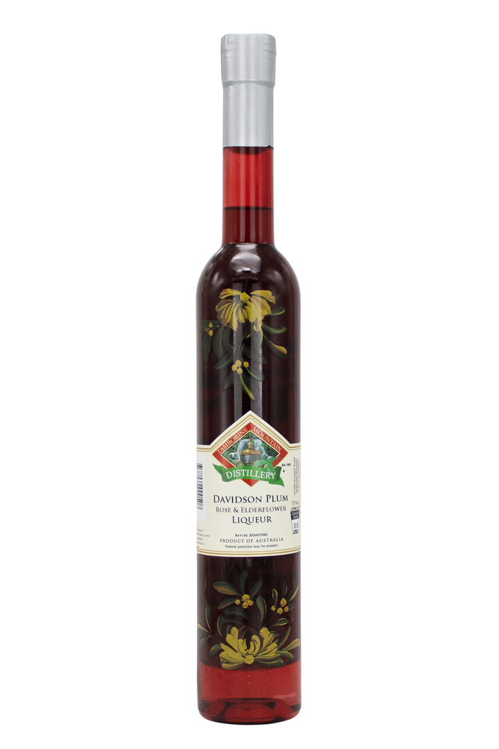 375ml handcrafted bottle of Tamborine Mountain Distillery’s Davidson Plum & Elderflower Liqueur, featuring botanical artwork, coloured glass, and small artisan label