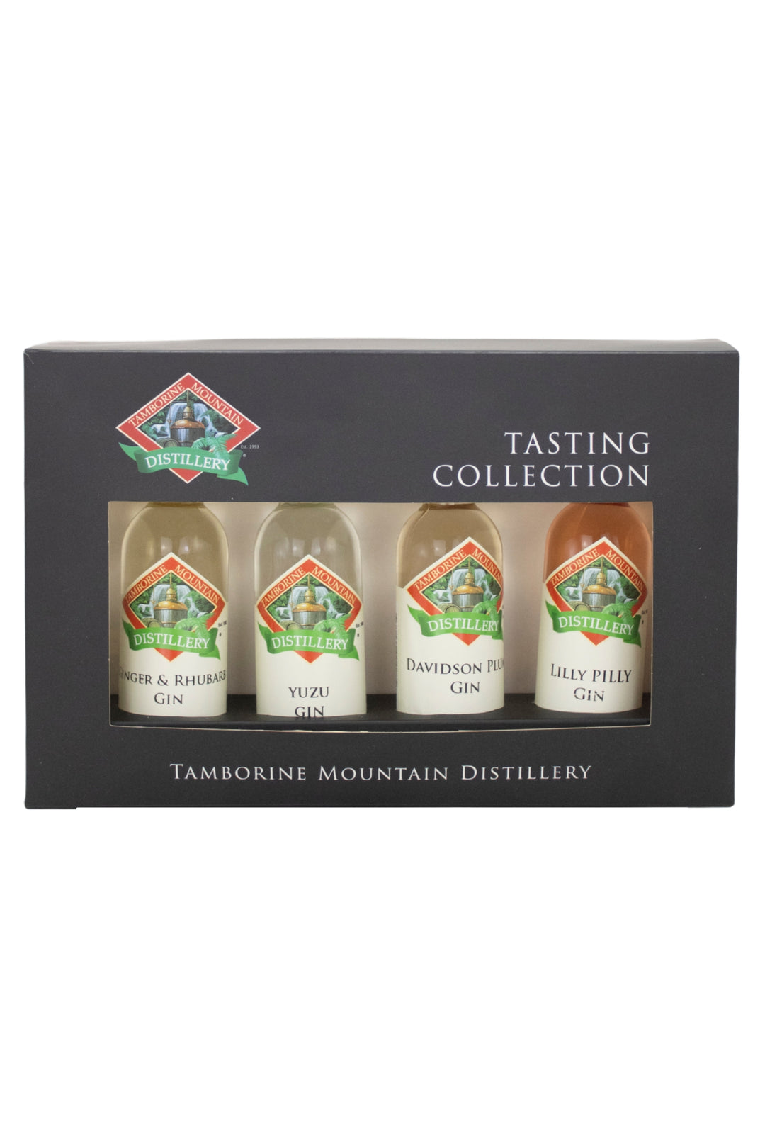 Tasting collection of four bottles from Tamborine Mountain Distillery in a black box.