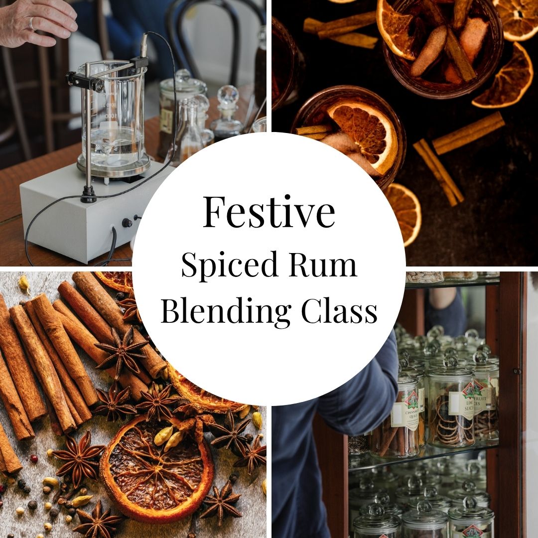 Collage of images related to a festive spiced rum blending class, featuring ingredients and equipment.