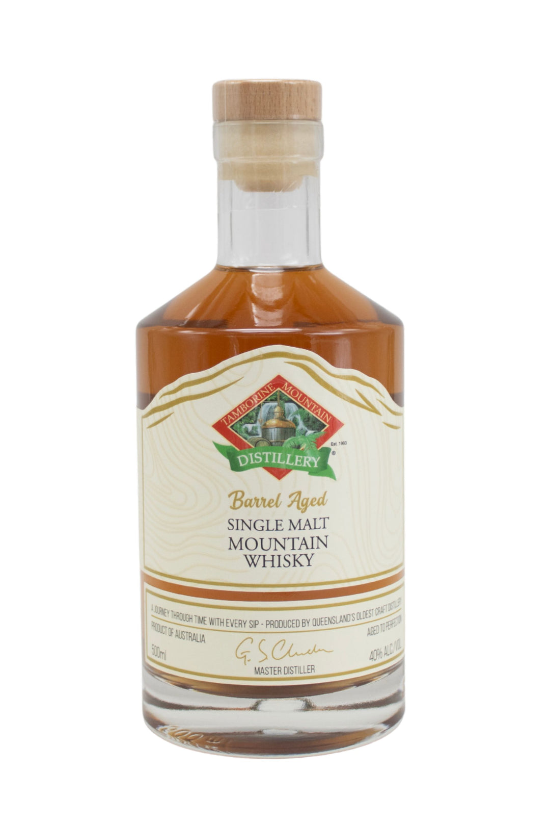 Front view of a 500ml handcrafted clear glass bottle of Tamborine Mountain Distillery’s Mountain Single Malt Whisky, featuring a refined label with mountain-inspired design elements, set against a clean background.