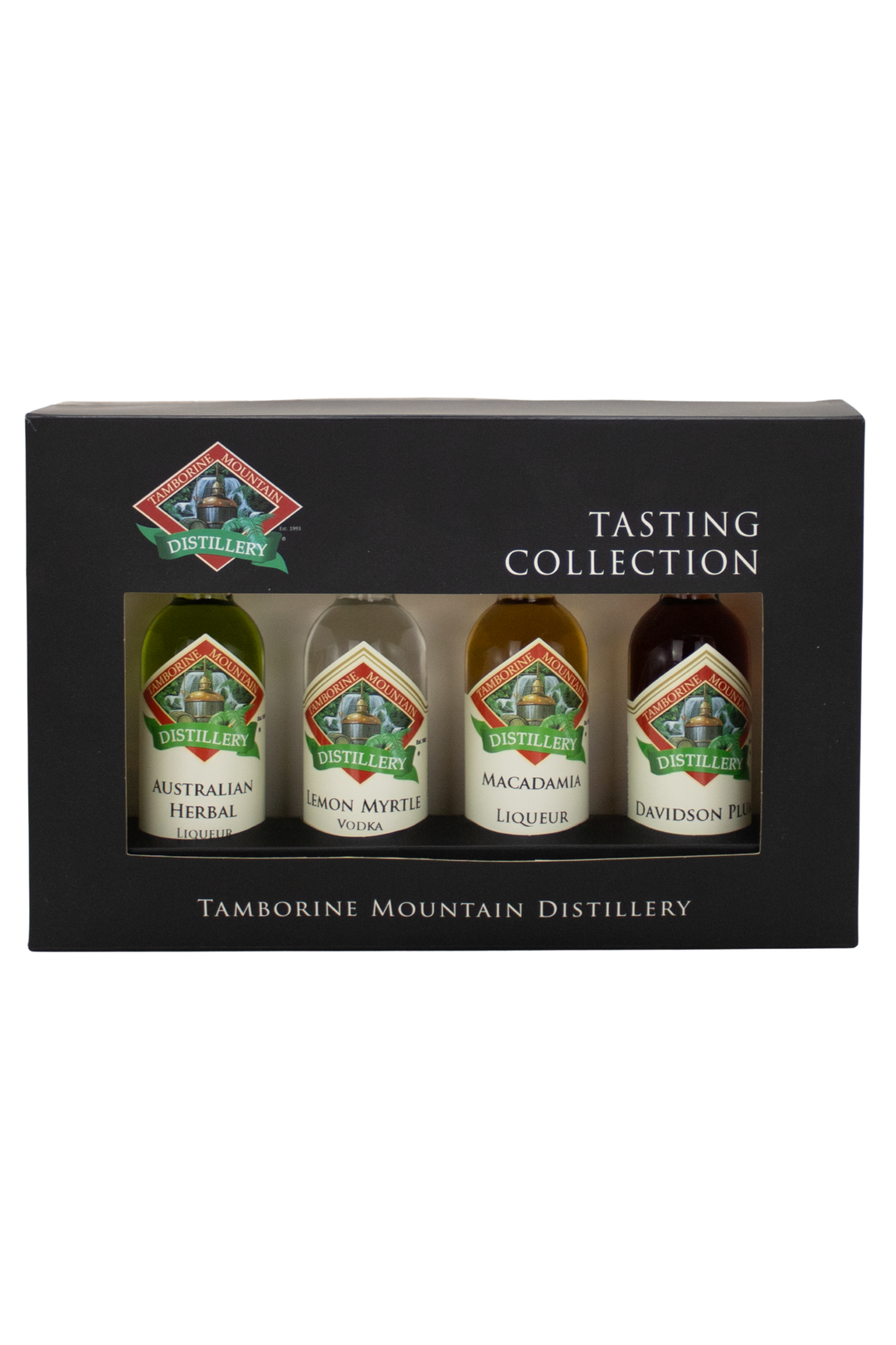 Tamborine Mountain Distillery 4 x 55ml Taste of Australia pack for him gift box, closed, with branding and design visible.
