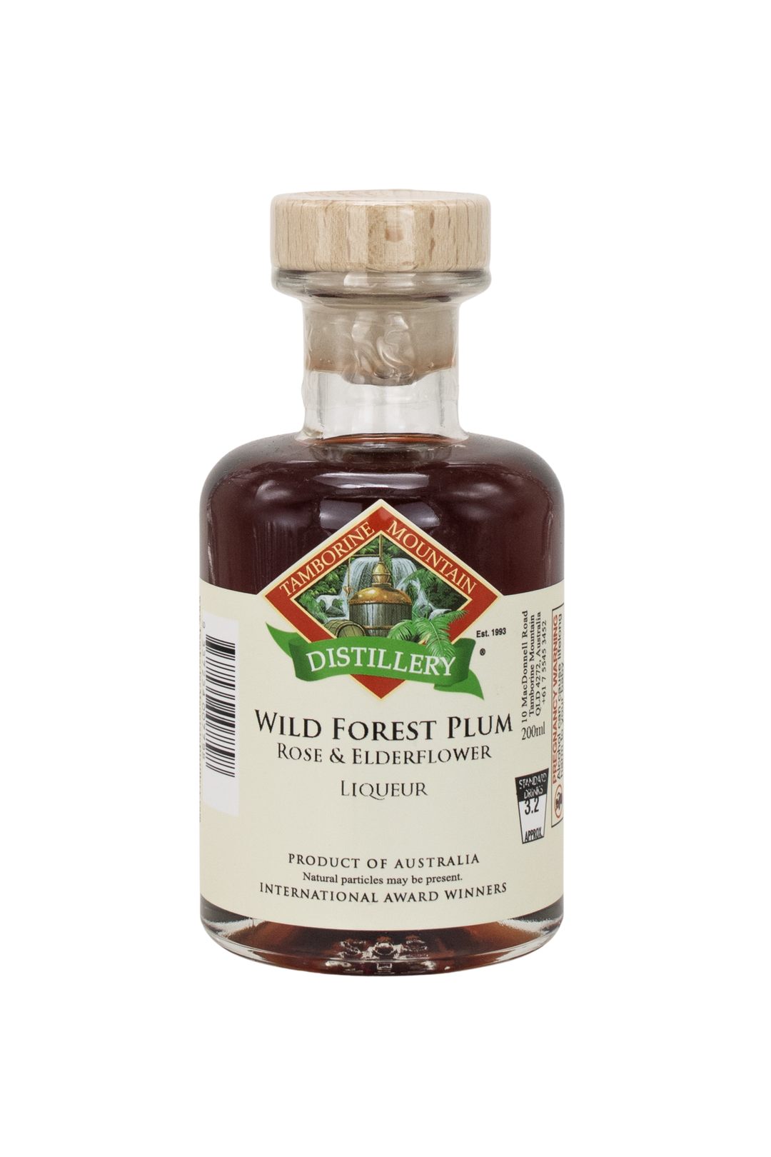 200ml handcrafted bottle of Tamborine Mountain Distillery’s Wild Forest Plum with Rose & Elderflower Liqueur, in clear glass with small artisan label